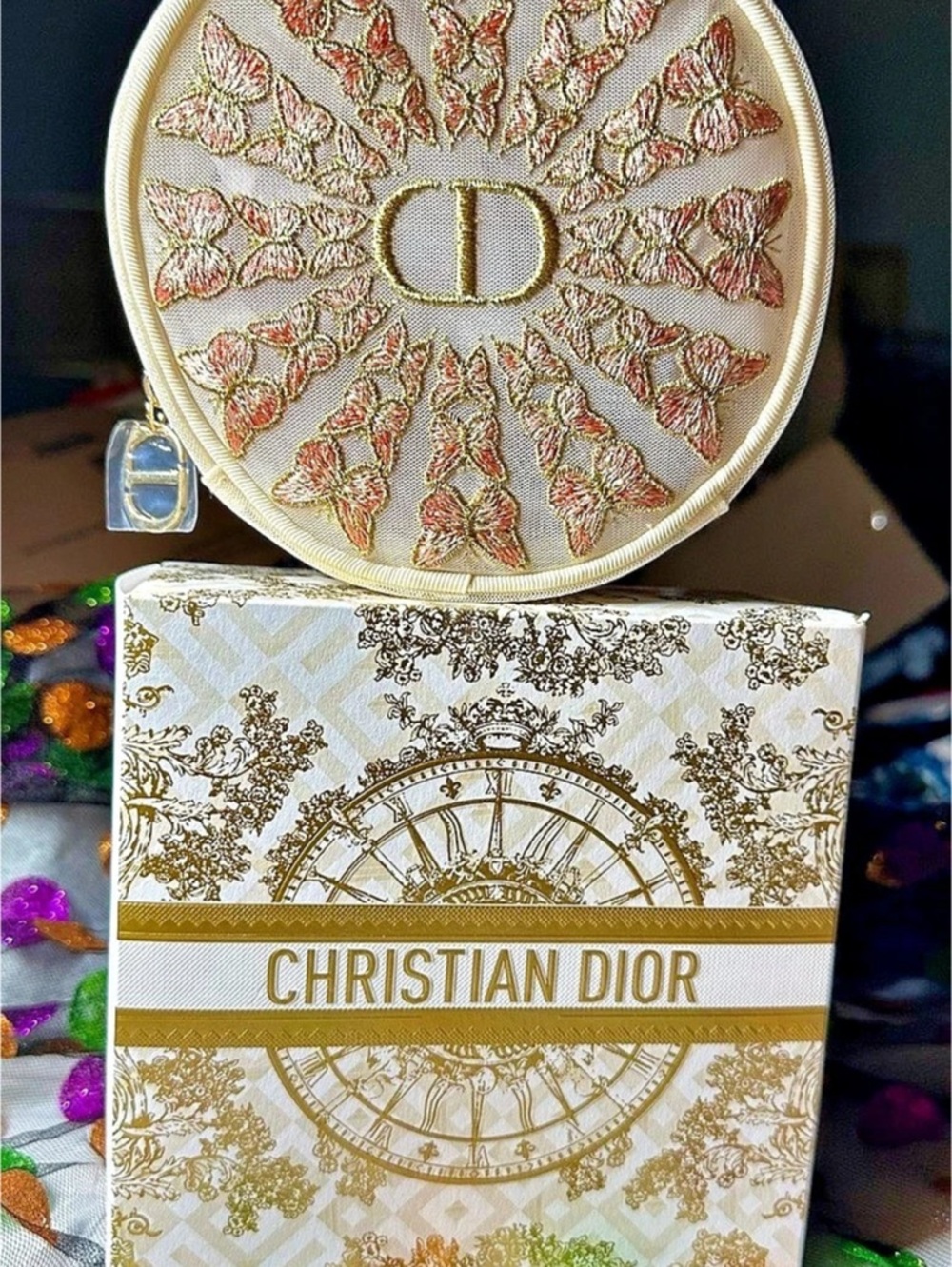 GWP: Dior Beauty Embroidered Butterfly Round Pouch Cosmetic Case, Cream & Pink